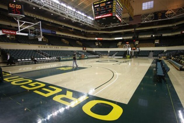 FILE - In this March 5, 2010, file photo, McArthur Court is shown in Eugene, Ore. Oregon will play its last game in McArthur Court on Saturday, Jan. 1, against Arizona State and will debut the new 12,541 seat Matthew Knight Arena on Jan. 13 against Southern California. (AP Photo/Rick Bowmer, file)
