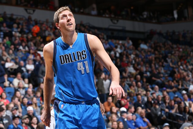 MINNEAPOLIS, MN -  APRIL 3: Dirk Nowitzki #41 of the Dallas Mavericks is seen against the Minnesota Timberwolves April 3, 2016 at Target Center in Minneapolis, Minnesota. NOTE TO USER: User expressly acknowledges and agrees that, by downloading and or using this Photograph, user is consenting to the terms and conditions of the Getty Images License Agreement. Mandatory Copyright Notice: Copyright 2016 NBAE (Photo by David Sherman/NBAE via Getty Images)