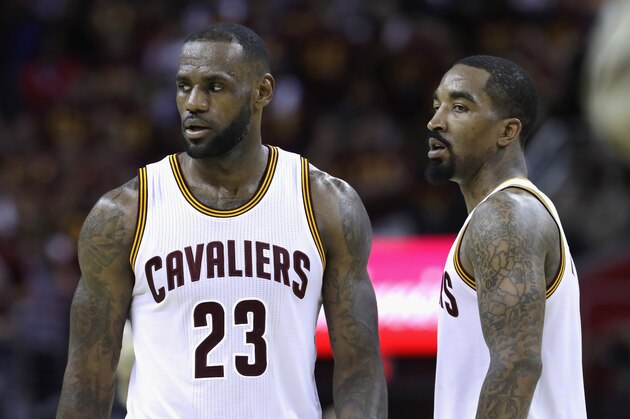CLEVELAND, OH - JUNE 10: LeBron James #23 and J.R. Smith #5 of the Cleveland Cavaliers during play against the Golden State Warriors in Game 4 of the 2016 NBA Finals at Quicken Loans Arena on June 10, 2016 in Cleveland, Ohio. NOTE TO USER: User expressly acknowledges and agrees that, by downloading and or using this photograph, User is consenting to the terms and conditions of the Getty Images License Agreement.  (Photo by Ronald Martinez/Getty Images)
