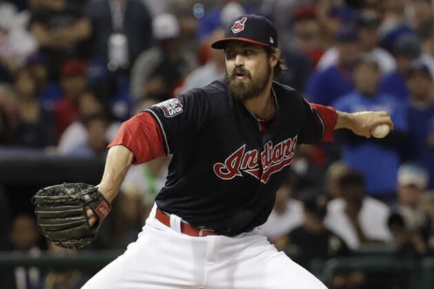 Cleveland Indians relief pitcher Andrew Miller throws during the fifth inning of Game 7 of the Major League Baseball World Series against the Chicago Cubs Wednesday, Nov. 2, 2016, in Cleveland. (AP Photo/David J. Phillip)