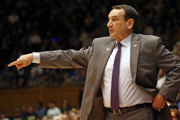 Duke coach Mike Krzyzewski points during the second half of the team's college basketball exhibition game against Augustana in Durham, N.C., Friday, Nov. 4, 2016. (AP Photo/Karl B DeBlaker)
