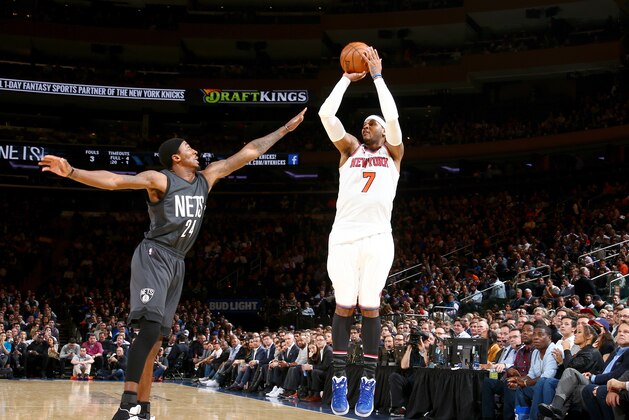 NEW YORK, NY - NOVEMBER 9:  Carmelo Anthony #7 of the New York Knicks shoots the ball against the Brooklyn Nets on November 9, 2016 at Madison Square Garden in New York City, New York.  NOTE TO USER: User expressly acknowledges and agrees that, by downloading and or using this photograph, User is consenting to the terms and conditions of the Getty Images License Agreement. Mandatory Copyright Notice: Copyright 2016 NBAE  (Photo by Nathaniel S. Butler/NBAE via Getty Images)