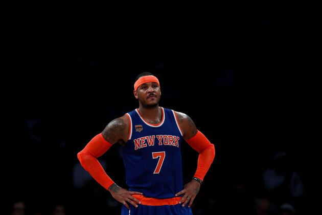 NEW YORK, NY - OCTOBER 20:  Carmelo Anthony #7 of the New York Knicks looks on against the Brooklyn Nets during the second half of their preseason game at Barclays Center on October 20, 2016 in New York City. NOTE TO USER: User expressly acknowledges and agrees that, by downloading and or using this photograph, User is consenting to the terms and conditions of the Getty Images License Agreement.  (Photo by Michael Reaves/Getty Images)