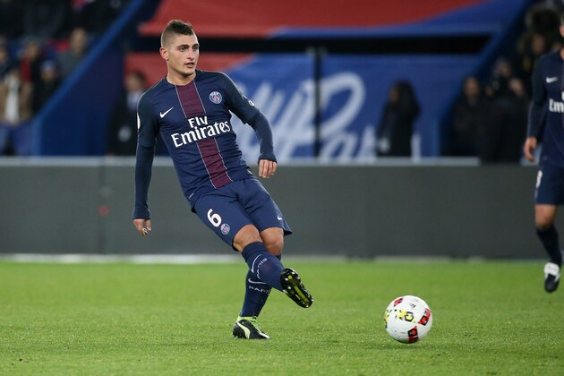 PARIS, FRANCE - NOVEMBER 6: Marco Verratti of PSG in action during the French Ligue 1 match between Paris Saint-Germain (PSG) and Stade Rennais FC (Rennes) at Parc des Princes stadium on November 6, 2016 in Paris, France. (Photo by Jean Catuffe/Getty Images )