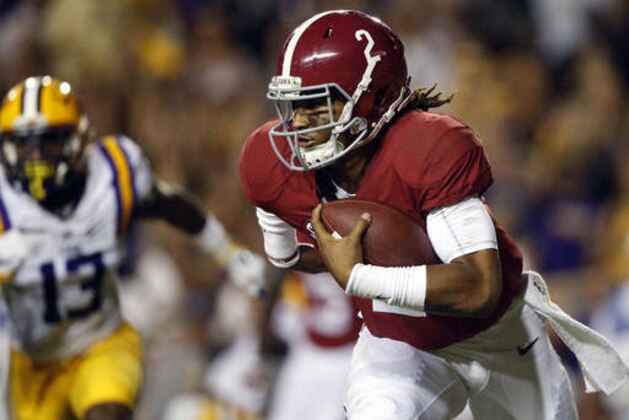 FILE - In this Saturday, Nov. 5, 2016, file photo, Alabama quarterback Jalen Hurts (2) carries in the first half of an NCAA college football game against LSU in Baton Rouge, La. At this point in the college football season, the favorites have been identified. For the third consecutive week the top six teams in The Associated Press college football poll were unchanged. (AP Photo/Gerald Herbert, File)