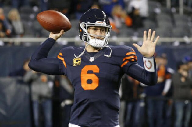 Chicago Bears quarterback Jay Cutler (6) throws during warmups before an NFL football game against the Minnesota Vikings in Chicago, Monday, Oct. 31, 2016. (AP Photo/Nam Y. Huh)