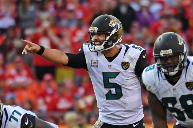 KANSAS CITY, MO - NOVEMBER 06:  Quarterback Blake Bortles #5 of the Jacksonville Jaguars points out instructions against the Kansas City Chiefs during the second half on November 6, 2016 at Arrowhead Stadium in Kansas City, Missouri.  (Photo by Peter G. Aiken/Getty Images)