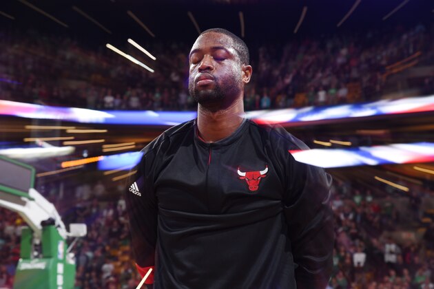 BOSTON, MA - NOVEMBER 2:  Dwyane Wade #3 of the Chicago Bulls stands for the National Anthem before the game against the Boston Celtics on November 2, 2016 at the TD Garden in Boston, Massachusetts.  NOTE TO USER: User expressly acknowledges and agrees that, by downloading and or using this photograph, User is consenting to the terms and conditions of the Getty Images License Agreement. Mandatory Copyright Notice: Copyright 2016 NBAE  (Photo by Brian Babineau/NBAE via Getty Images)