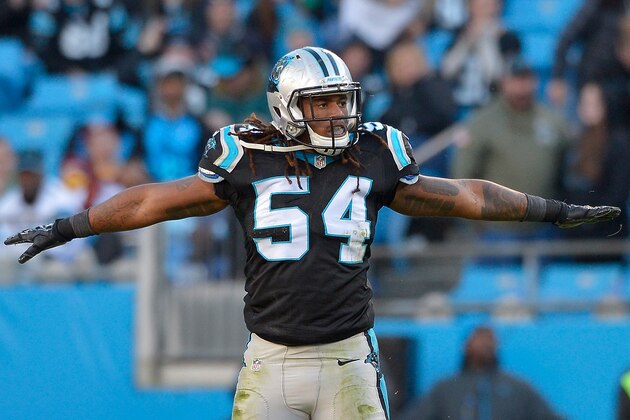 CHARLOTTE, NC - NOVEMBER 22:  Shaq Green-Thompson #54 of the Carolina Panthers reacts after breaking up a pass against the Washington Redskins during their game at Bank of America Stadium on November 22, 2015 in Charlotte, North Carolina. The Pathers won 44-16.  (Photo by Grant Halverson/Getty Images)