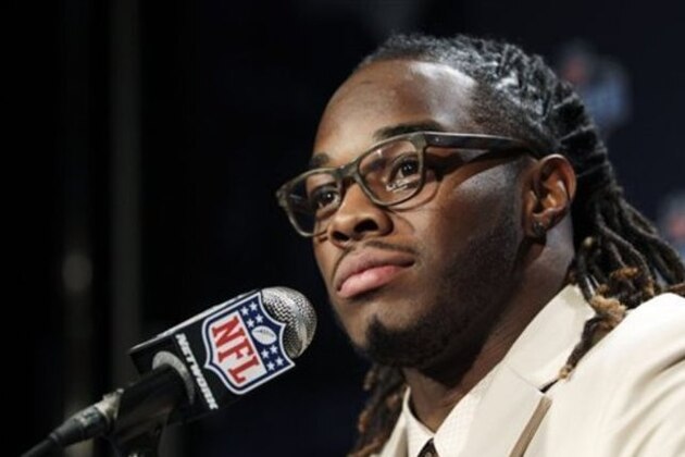 Alabama running back Trent Richardson speaks to reporters after being selected as the third pick overall by the Cleveland Browns in the first round of the NFL football draft at Radio City Music Hall, Thursday, April 26, 2012, in New York. (AP Photo/Mary Altaffer)