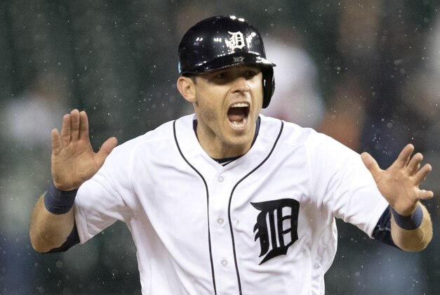 Sep 28, 2016; Detroit, MI, USA; Detroit Tigers second baseman Ian Kinsler (3) reacts after first baseman Miguel Cabrera (not pictured) hits a three run home run during the fifth inning against the Cleveland Indians at Comerica Park. Game called for bad weather after 5 innings. Tigers win 6-3. Mandatory Credit: Raj Mehta-USA TODAY Sports