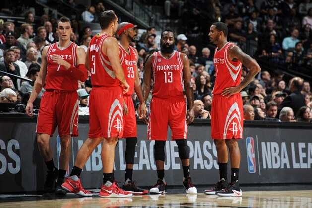 SAN ANTONIO, TX - NOVEMBER 9:  James Harden #13 with his teammates huddle during the game against the San Antonio Spurs on November 9, 2016 at the AT&T Center in San Antonio, Texas. NOTE TO USER: User expressly acknowledges and agrees that, by downloading and or using this photograph, user is consenting to the terms and conditions of the Getty Images License Agreement. Mandatory Copyright Notice: Copyright 2016 NBAE (Photos by Mark Sobhani/NBAE via Getty Images)