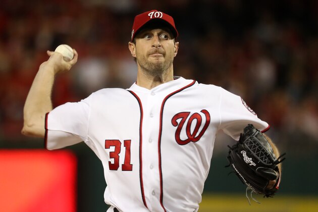 WASHINGTON, DC - OCTOBER 13: Max Scherzer #31 of the Washington Nationals works against the Los Angeles Dodgers in the first inning during game five of the National League Division Series at Nationals Park on October 13, 2016 in Washington, DC. (Photo by Rob Carr/Getty Images) WASHINGTON, DC - OCTOBER 13: Max Scherzer #31 of the Washington Nationals works against the Los Angeles Dodgers in the first inning during game five of the National League Division Series at Nationals Park on October 13, 2016 in Washington, DC. (Photo by Rob Carr/Getty Images)