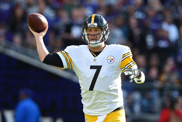 Nov 6, 2016; Baltimore, MD, USA; Pittsburgh Steelers quarterback Ben Roethlisberger (7) throws on the run during the second quarter against the Baltimore Ravens at M&T Bank Stadium. Mandatory Credit: Tommy Gilligan-USA TODAY Sports