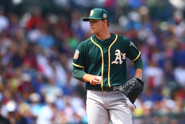 Mar 29, 2016; Mesa, AZ, USA; Oakland Athletics pitcher Sonny Gray against the Chicago Cubs during a spring training game at Sloan Park. Mandatory Credit: Mark J. Rebilas-USA TODAY Sports