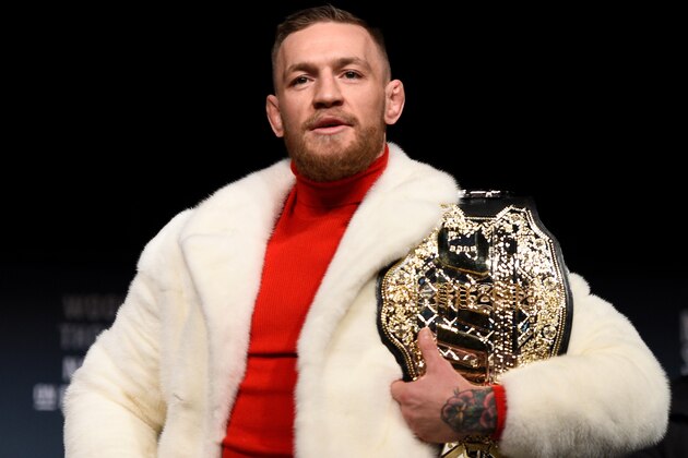 NEW YORK, NY - NOVEMBER 10:  UFC featherweight champion Conor McGregor of Ireland poses for photos during the UFC 205 press conference inside The Theater at Madison Square Garden on November 10, 2016 in New York City. (Photo by Jeff Bottari/Zuffa LLC/Zuffa LLC via Getty Images)