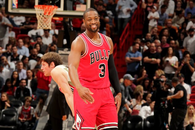 MIAMI, FL - NOVEMBER 10: Dwyane Wade #3 of the Chicago Bulls looks on during the game against the Miami Heat on November 10, 2016 at AmericanAirlines Arena in Miami, Florida. NOTE TO USER: User expressly acknowledges and agrees that, by downloading and or using this Photograph, user is consenting to the terms and conditions of the Getty Images License Agreement. Mandatory Copyright Notice: Copyright 2016 NBAE (Photo by Issac Baldizon/NBAE via Getty Images)