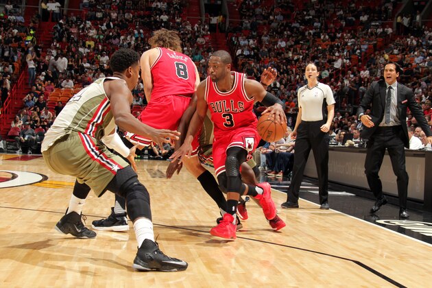 MIAMI, FL - NOVEMBER 10: Dwyane Wade #3 of the Chicago Bulls handles the ball during the game against the Miami Heat on November 10, 2016 at AmericanAirlines Arena in Miami, Florida. NOTE TO USER: User expressly acknowledges and agrees that, by downloading and or using this Photograph, user is consenting to the terms and conditions of the Getty Images License Agreement. Mandatory Copyright Notice: Copyright 2016 NBAE (Photo by Issac Baldizon/NBAE via Getty Images)