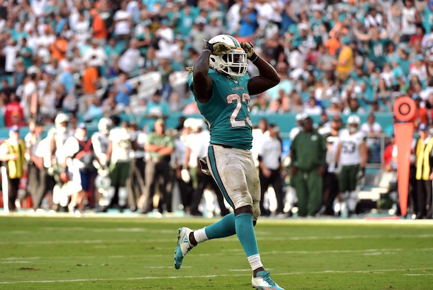 Nov 6, 2016; Miami Gardens, FL, USA; Miami Dolphins running back Jay Ajayi (23) celebrates during the second half against the New York Jets at Hard Rock Stadium. The Dolphins won 27-23. Mandatory Credit: Steve Mitchell-USA TODAY Sports