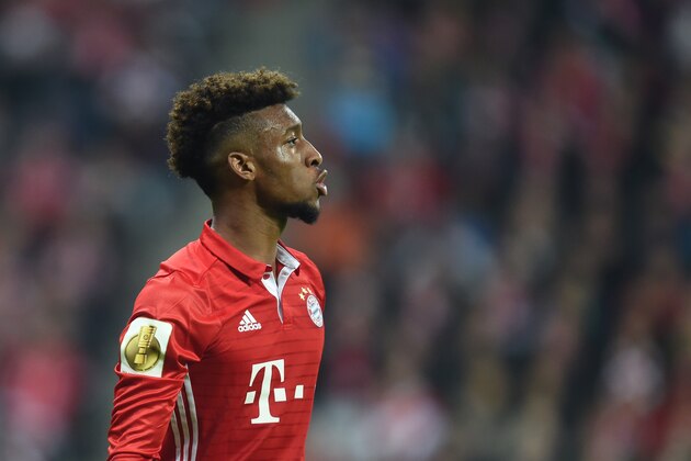 Bayern Munich's French forward Kingsley Coman reacts during the German Cup DFB Pokal second round football match FC Bayern Munich v FC Augsburg in Munich, southern Germany on October 26, 2016.  / AFP / CHRISTOF STACHE / RESTRICTIONS: ACCORDING TO DFB RULES IMAGE SEQUENCES TO SIMULATE VIDEO IS NOT ALLOWED DURING MATCH TIME. MOBILE (MMS) USE IS NOT ALLOWED DURING AND FOR FURTHER TWO HOURS AFTER THE MATCH. == RESTRICTED TO EDITORIAL USE == FOR MORE INFORMATION CONTACT DFB DIRECTLY AT +49 69 67880

 /         (Photo credit should read CHRISTOF STACHE/AFP/Getty Images)