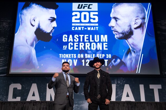 NEW YORK, NY - SEPTEMBER 27: (L-R) Kelvin Gastelum and Donald Cerrone pose for a picture during the UFC 205 press event at Madison Square Garden on September 27, 2016 in New York City. (Photo by Brandon Magnus/Zuffa LLC/Zuffa LLC via Getty Images)