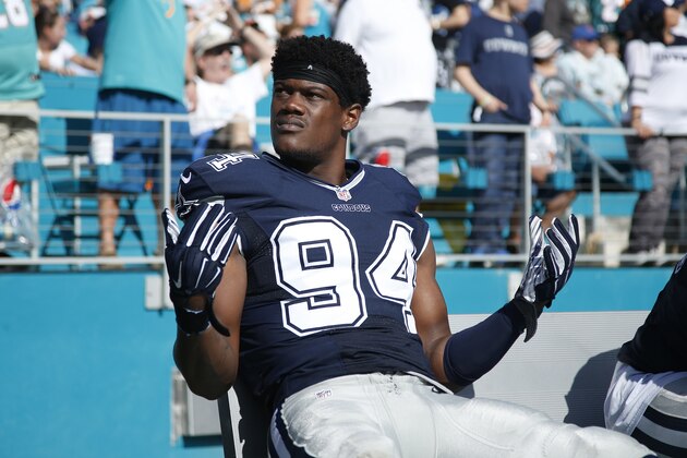 MIAMI GARDENS, FL - NOVEMBER 22: Randy Gregory #94 of the Dallas Cowboys looks on against the Miami Dolphins during the game at Sun Life Stadium on November 22, 2015 in Miami Gardens, Florida. Dallas defeated Miami 24-14. (Photo by Joe Robbins/Getty Images)