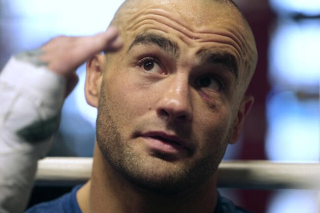 In this Wednesday Nov. 2, 2016 photo, UFC lightweight champion Eddie Alvarez speaks following a workout in Philadelphia. Alvarez is scheduled to face featherweight champion Connor McGregor to defend his lightweight belt on Nov. 12 in what will be the first UFC card to be held in New York after the state legislature legalized the sport earlier this year. (AP Photo/Jacqueline Larma) In this Wednesday Nov. 2, 2016 photo, UFC lightweight champion Eddie Alvarez speaks following a workout in Philadelphia. Alvarez is scheduled to face featherweight champion Connor McGregor to defend his lightweight belt on Nov. 12 in what will be the first UFC card to be held in New York after the state legislature legalized the sport earlier this year. (AP Photo/Jacqueline Larma)