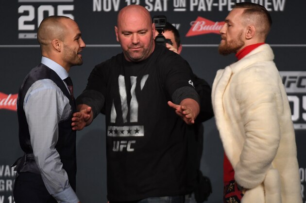 NEW YORK, NY - NOVEMBER 10:  (L-R) Opponents Eddie Alvarez and Conor McGregor of Ireland face off during the UFC 205 press conference inside The Theater at Madison Square Garden on November 10, 2016 in New York City. (Photo by Brandon Magnus/Zuffa LLC/Zuffa LLC via Getty Images)