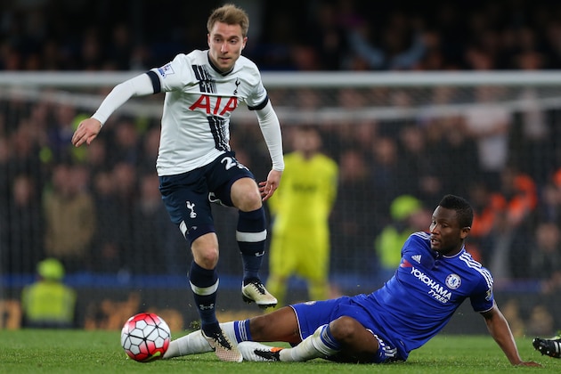 LONDON, ENGLAND - MAY 02 :  Christian Eriksen of Tottenham Hotspur and Mikel John Obi of Chelsea during the Barclays Premier League match between Chelsea and Tottenham Hotspur at Stamford Bridge on May 2, 2016 in London, England.  (Photo by Catherine Ivill - AMA/Getty Images)