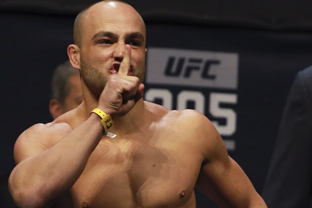 NEW YORK, NY - NOVEMBER 11:  UFC Lightweight Champion Eddie Alvarez reacts during UFC 205 Weigh-ins at Madison Square Garden on November 11, 2016 in New York City.  (Photo by Michael Reaves/Getty Images)