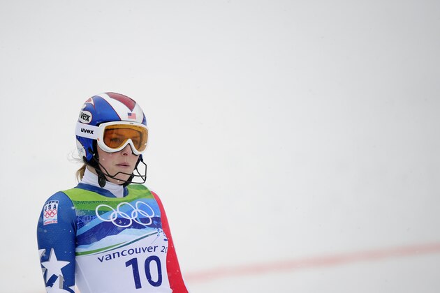 USA's Lindsey Vonn reacts in the finish area after missing a gate during the women's slalom race of the Vancouver 2010 Winter Olympics at the Whistler Creek side Alpine skiing venue on February 26, 2010.        AFP PHOTO / OLIVIER MORIN (Photo credit should read OLIVIER MORIN/AFP/Getty Images)