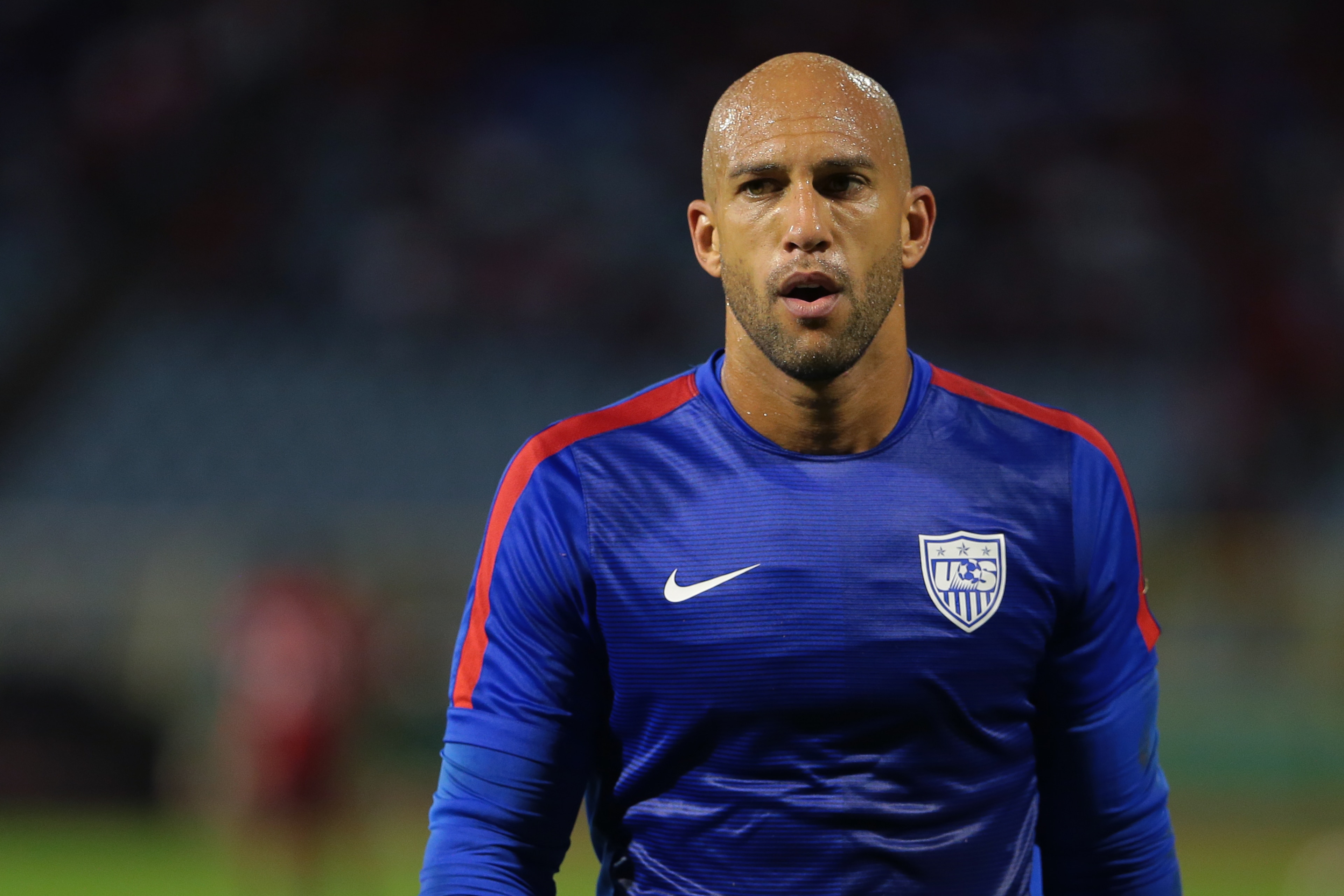 PORT OF SPAIN, TRINIDAD & TOBAGO - NOVEMBER 17: USA's goalkeeper #12 Tim Howard feels the heat during a World Cup Qualifier between Trinidad and Tobago and USA as part of the FIFA World Cup Qualifiers for Russia 2018 at Hasely Crawford Stadium on November 17, 2015 in Port of Spain, Trinidad & Tobago. (Photo by Ashley Allen Getty Images) PORT OF SPAIN, TRINIDAD & TOBAGO - NOVEMBER 17: USA's goalkeeper #12 Tim Howard feels the heat during a World Cup Qualifier between Trinidad and Tobago and USA as part of the FIFA World Cup Qualifiers for Russia 2018 at Hasely Crawford Stadium on November 17, 2015 in Port of Spain, Trinidad & Tobago. (Photo by Ashley Allen Getty Images)