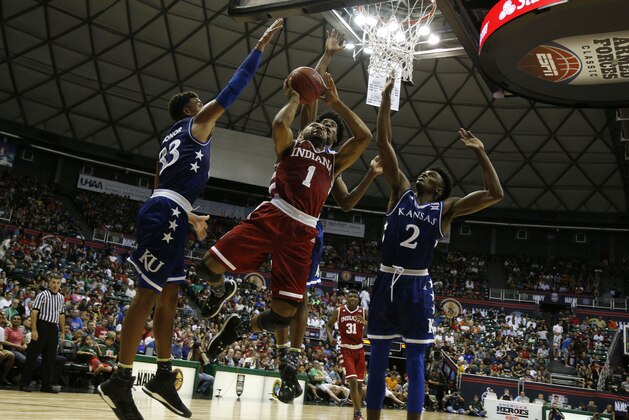 Nov 11, 2016; Honolulu, HI, USA;  Indiana Hoosiers guard James Blackmon Jr. (1) takes a shot against Kansas Jayhawks guard Lagerald Vick (2) at the Stan Sheriff Center. Mandatory Credit: Brian Spurlock-USA TODAY Sports
