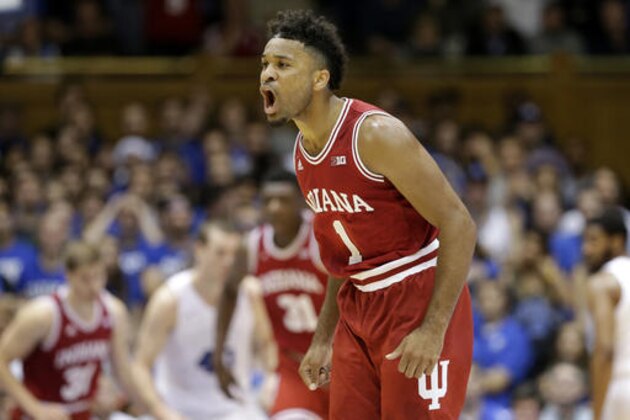 FILE - In this Dec. 2, 2015, file photo, Indiana's James Blackmon Jr. (1) reacts during the first half of an NCAA college basketball game against Duke in Durham, N.C. Blackmon has withdrawn from the NBA draft, the Hoosiers announced Tuesday, May 24, 2016.  (AP Photo/Gerry Broome, File)