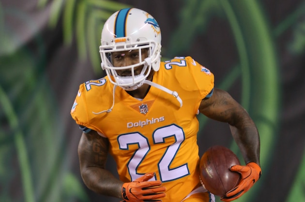 Sep 29, 2016; Cincinnati, OH, USA; Miami Dolphins running back Isaiah Pead (22) before the game against the Cincinnati Bengals at Paul Brown Stadium. Cincinnati defeated Miami 22-7. Mandatory Credit: Mark Zerof-USA TODAY Sports