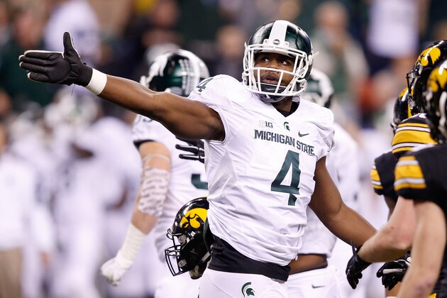 INDIANAPOLIS, IN - DECEMBER 05:  Malik McDowell #4 of the Michigan State Spartans reacts during the game against the Iowa Hawkeyes in the Big Ten Championship at Lucas Oil Stadium on December 5, 2015 in Indianapolis, Indiana.  (Photo by Joe Robbins/Getty Images)