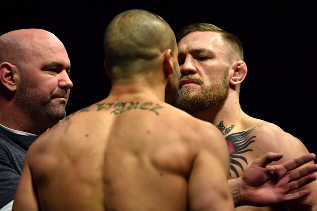 NEW YORK, NY - NOVEMBER 11:  (R-L) Conor McGregor of Ireland and Eddie Alvarez face off during the UFC 205 weigh-in inside Madison Square Garden on November 11, 2016 in New York City. (Photo by Brandon Magnus/Zuffa LLC/Zuffa LLC via Getty Images)
