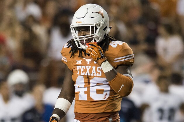 AUSTIN, TX - SEPTEMBER 12:  Malik Jefferson #46 of the Texas Longhorns looks on against the Rice Owls on September 12, 2015 at Darrell K Royal-Texas Memorial Stadium in Austin, Texas.  (Photo by Cooper Neill/Getty Images)