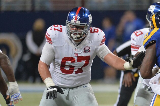 ST. LOUIS, MO - DECEMBER 21: Justin Pugh #67 of the New York Giants protects against the St. Louis Rams at the Edward Jones Dome on December 21, 2014 in St. Louis, Missouri. (Photo by Michael Thomas/Getty Images)