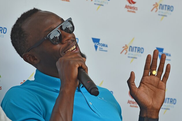 Sprinter Usain Bolt of Jamaica speaks at a promotional launch in Melbourne on November 4, 2016.
Sprint superstar Usain Bolt said on November 4 he will take part in a new teams concept in track and field set for Melbourne in February -- his first ever race in Australia. / AFP / Paul CROCK (Photo credit should read PAUL CROCK/AFP/Getty Images) Sprinter Usain Bolt of Jamaica speaks at a promotional launch in Melbourne on November 4, 2016.
Sprint superstar Usain Bolt said on November 4 he will take part in a new teams concept in track and field set for Melbourne in February -- his first ever race in Australia. / AFP / Paul CROCK (Photo credit should read PAUL CROCK/AFP/Getty Images)