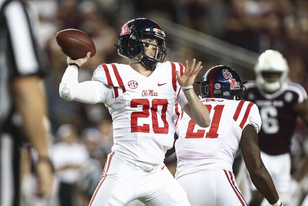 Nov 12, 2016; College Station, TX, USA; Mississippi Rebels quarterback Shea Patterson (20) attempts a pass during the first quarter against the Texas A&M Aggies at Kyle Field. Mandatory Credit: Troy Taormina-USA TODAY Sports