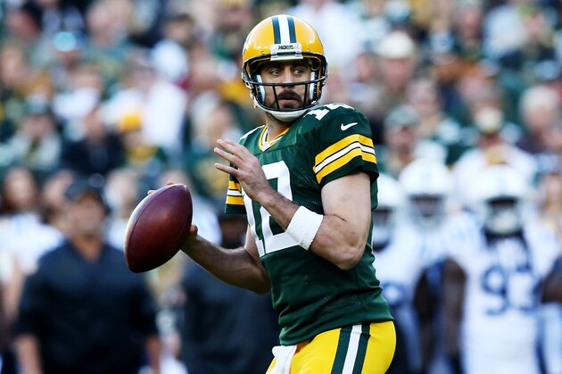 GREEN BAY, WI - NOVEMBER 06:  Aaron Rodgers #12 of the Green Bay Packers drops back to pass in the first quarter against the Indianapolis Colts at Lambeau Field on November 6, 2016 in Green Bay, Wisconsin. (Photo by Dylan Buell/Getty Images)