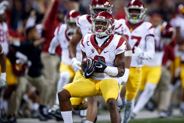 Nov 12, 2016; Seattle, WA, USA; USC Trojans defensive back Adoree' Jackson (2) celebrates after making an interception against the Washington Huskies during the fourth quarter at Husky Stadium. USC defeated Washington, 26-13. Mandatory Credit: Joe Nicholson-USA TODAY Sports