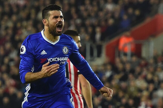 Chelsea's Brazilian-born Spanish striker Diego Costa celebrates scoring their second goal during the English Premier League football match between Southampton and Chelsea at St Mary's Stadium in Southampton, southern England on October 30, 2016. / AFP / GLYN KIRK / RESTRICTED TO EDITORIAL USE. No use with unauthorized audio, video, data, fixture lists, club/league logos or 'live' services. Online in-match use limited to 75 images, no video emulation. No use in betting, games or single club/league/player publications.  /         (Photo credit should read GLYN KIRK/AFP/Getty Images)