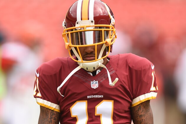LANDOVER, MD - OCTOBER 02:  DeSean Jackson #11 of the Washington Redskins looks on before a football game against the Cleveland Browns at FedEx Field on October 2, 2016 in Landover, Maryland.  The Redskins won 31-20.  (Photo by Mitchell Layton/Getty Images)