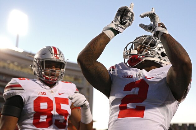 COLLEGE PARK, MD - NOVEMBER 12: Dontre Wilson #2 of the Ohio State Buckeyes celebrates after scoring a touchdown against the Maryland Terrapins during the second quarter at Capital One Field at Maryland Stadium on November 12, 2016 in College Park, Maryland. (Photo by Patrick Smith/Getty Images)