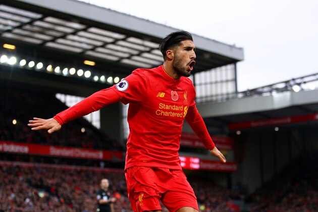 LIVERPOOL, ENGLAND - NOVEMBER 06:  Emre Can of Liverpool celebrates scoring his sides third goal during the Premier League match between Liverpool and Watford at Anfield on November 6, 2016 in Liverpool, England.  (Photo by Clive Brunskill/Getty Images)