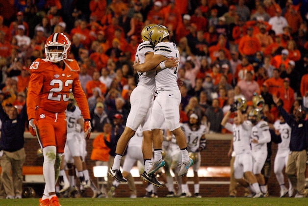 CLEMSON, SC - NOVEMBER 12: Chris Blewitt #12 of the Pittsburgh Panthers reacts with teammates after kicking the game-winning field goal against the Clemson Tigers at Memorial Stadium on November 12, 2016 in Clemson, South Carolina. (Photo by Tyler Smith/Getty Images)