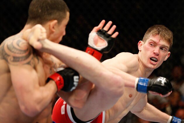 LAS VEGAS, NV - FEBRUARY 22:  (R-L) Stephen Thompson kicks Robert Whittaker in their welterweight bout during UFC 170 inside the Mandalay Bay Events Center on February 22, 2014 in Las Vegas, Nevada. (Photo by Josh Hedges/Zuffa LLC/Zuffa LLC via Getty Images)