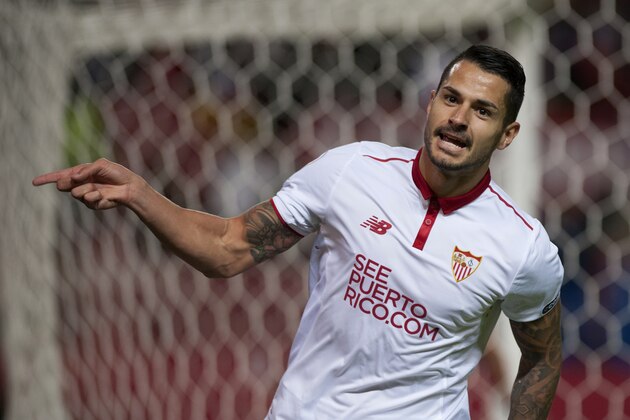 Sevilla's midfielder Vitolo celebrates after scoring during the Spanish league football match Sevilla FC vs FC Barcelona at the Ramon Sanchez Pizjuan stadium in Sevilla on November 6, 2016. / AFP / JORGE GUERRERO        (Photo credit should read JORGE GUERRERO/AFP/Getty Images)
